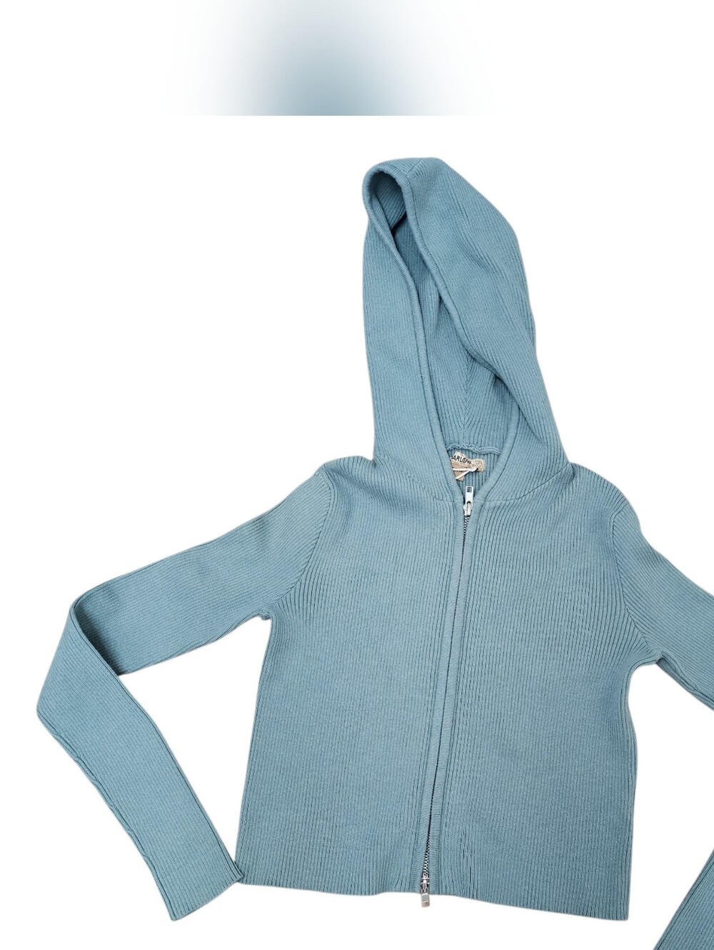 Harlow Cropped Ribbed Zip-Up Hoodie in Sage Green - Picture 2 of 7
